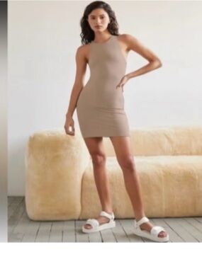 Aritzia Taupe High-Neck Bodycon Mini Dress